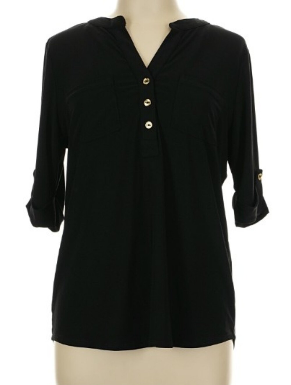 Anne Klein Women's Large Black 3/4 Sleeve Blouse with Gold Buttons Size L NWT